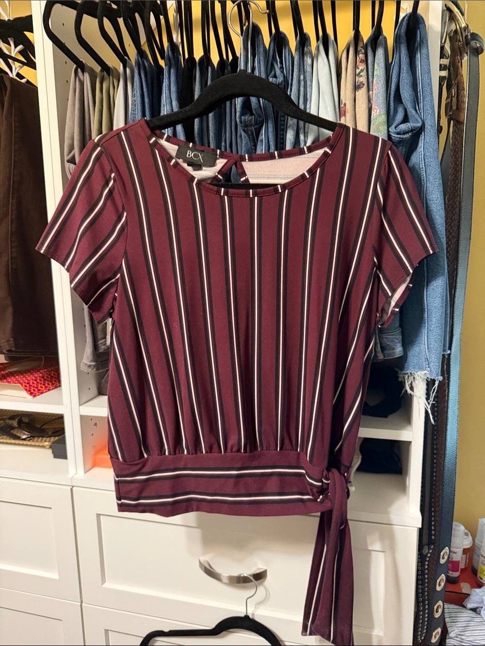 BCX Striped Burgundy Short Sleeve Side Tie Top